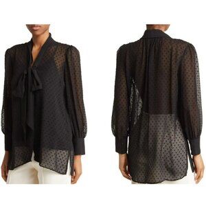 Adrianna Papell Clip Dot Tie Neck Long Sleeve Tunic Top Black‎ S